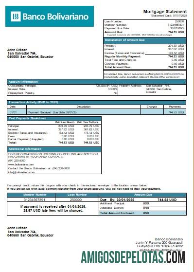 Ecuador Banco Bolivariano Bank Mortgage Statement Scr exemplo
